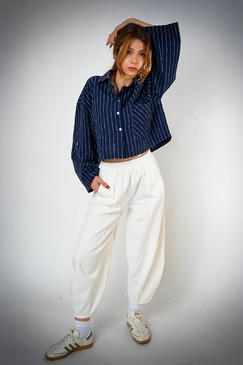 Keten Cepli Çizgili Lacivert Gömlek