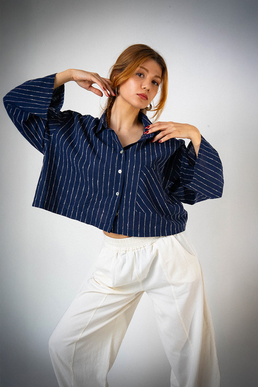 Keten Cepli Çizgili Lacivert Gömlek