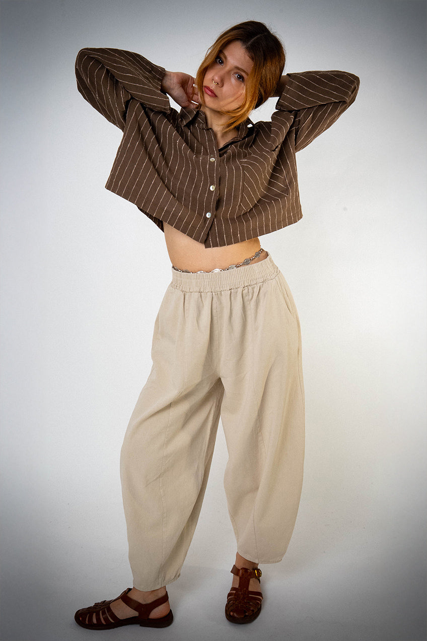 Keten Cepli Çizgili Kahverengi Gömlek