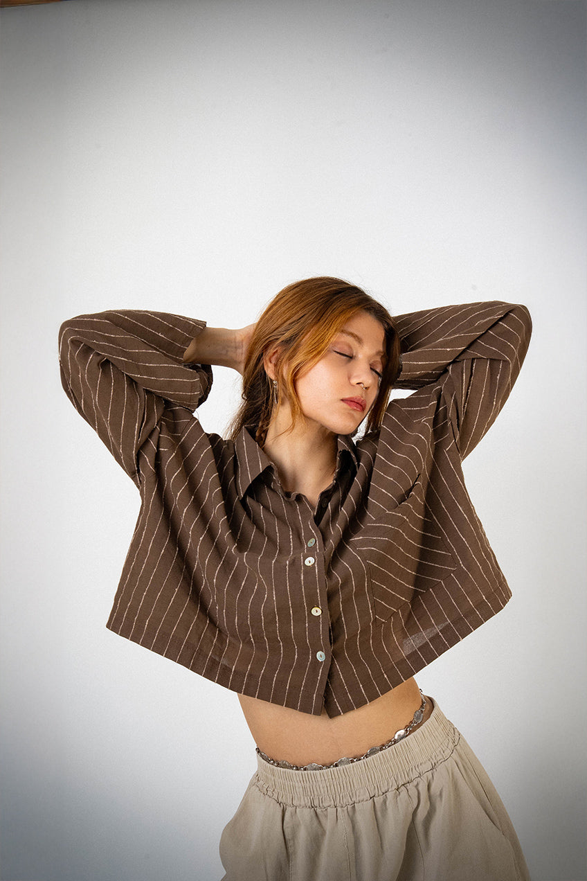 Keten Cepli Çizgili Kahverengi Gömlek