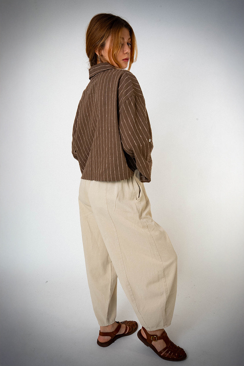 Keten Cepli Çizgili Kahverengi Gömlek