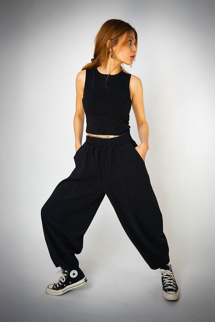 Bol Paça Siyah Gabardin Şalvar