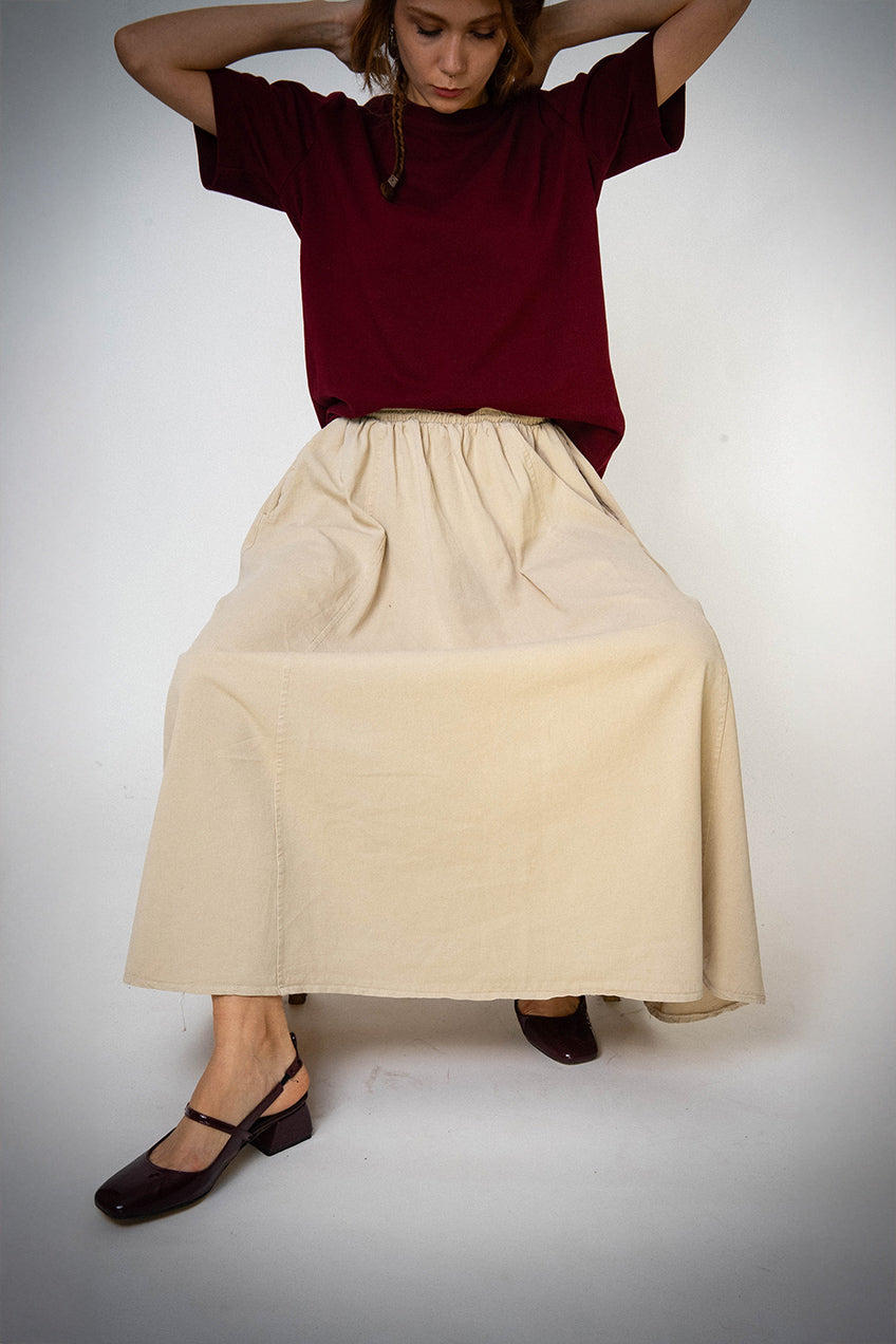 Gabardin Kloş Bilek Boyu Lastikli Krem Etek