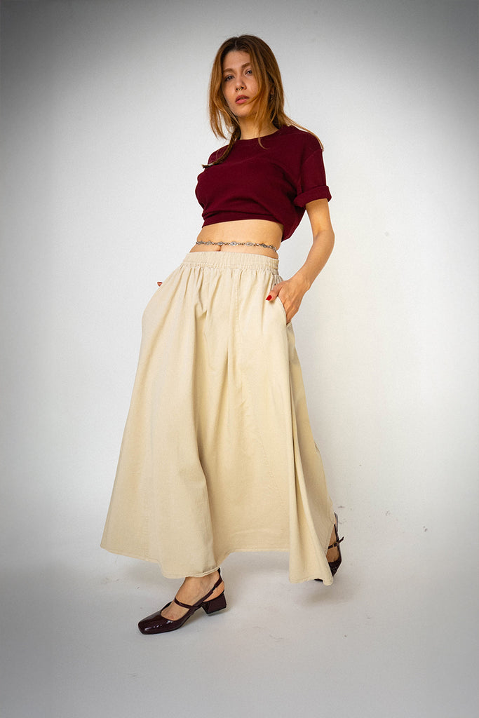 Gabardin Kloş Bilek Boyu Lastikli Krem Etek