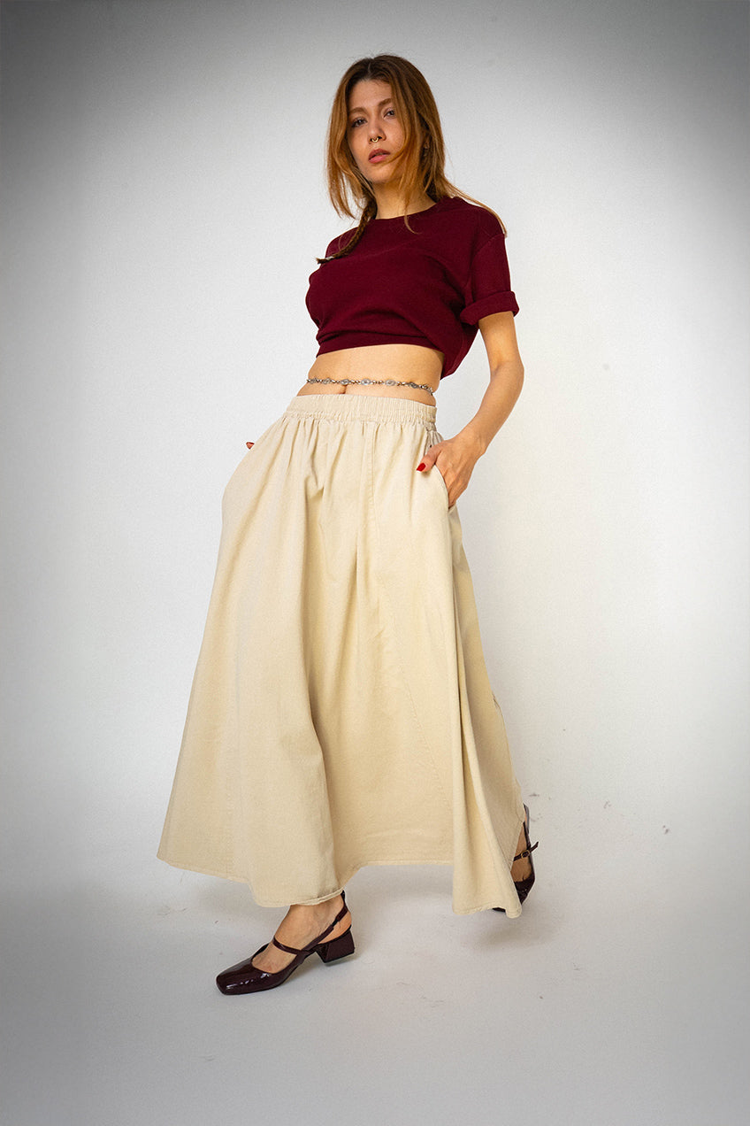 Gabardin Kloş Bilek Boyu Lastikli Krem Etek