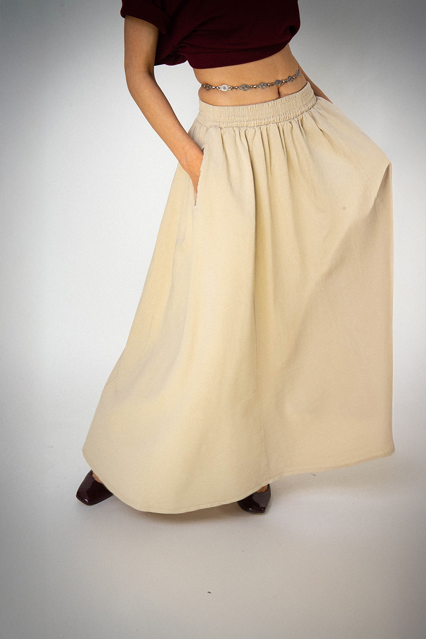Gabardin Kloş Bilek Boyu Lastikli Krem Etek