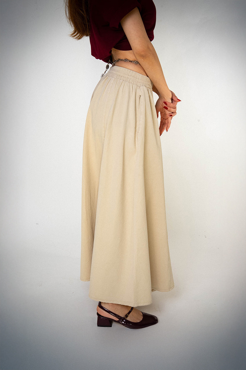 Gabardin Kloş Bilek Boyu Lastikli Krem Etek