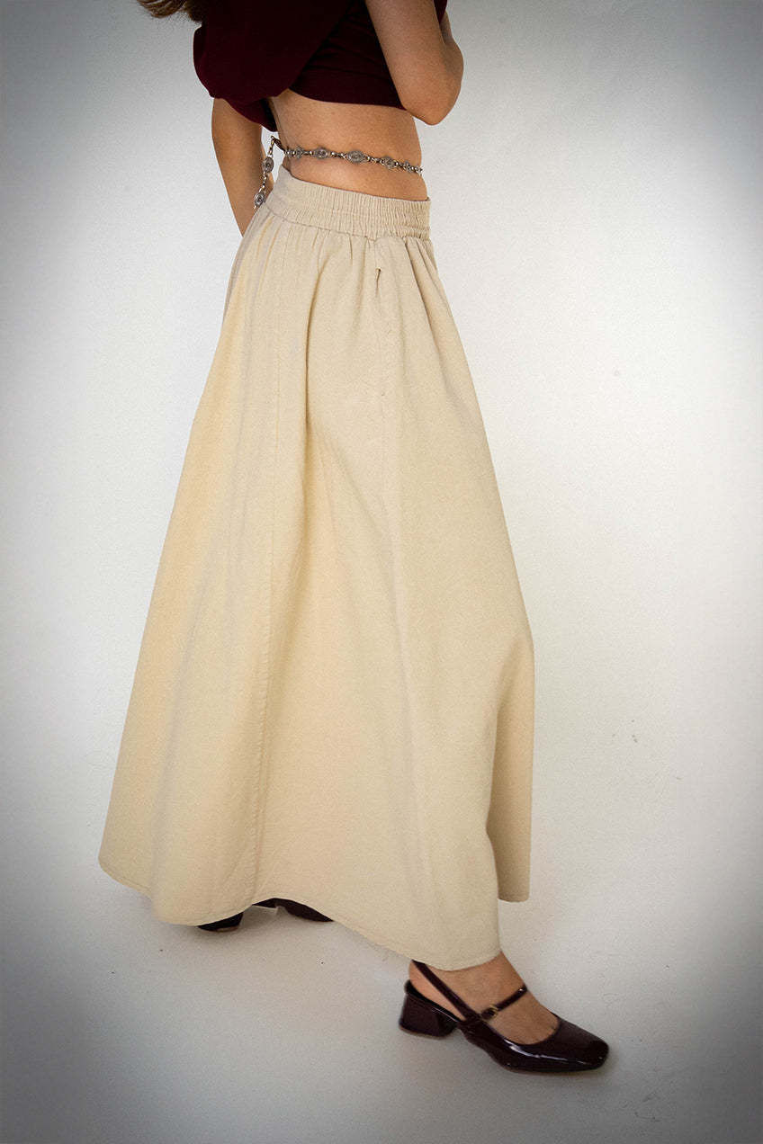 Gabardin Kloş Bilek Boyu Lastikli Krem Etek